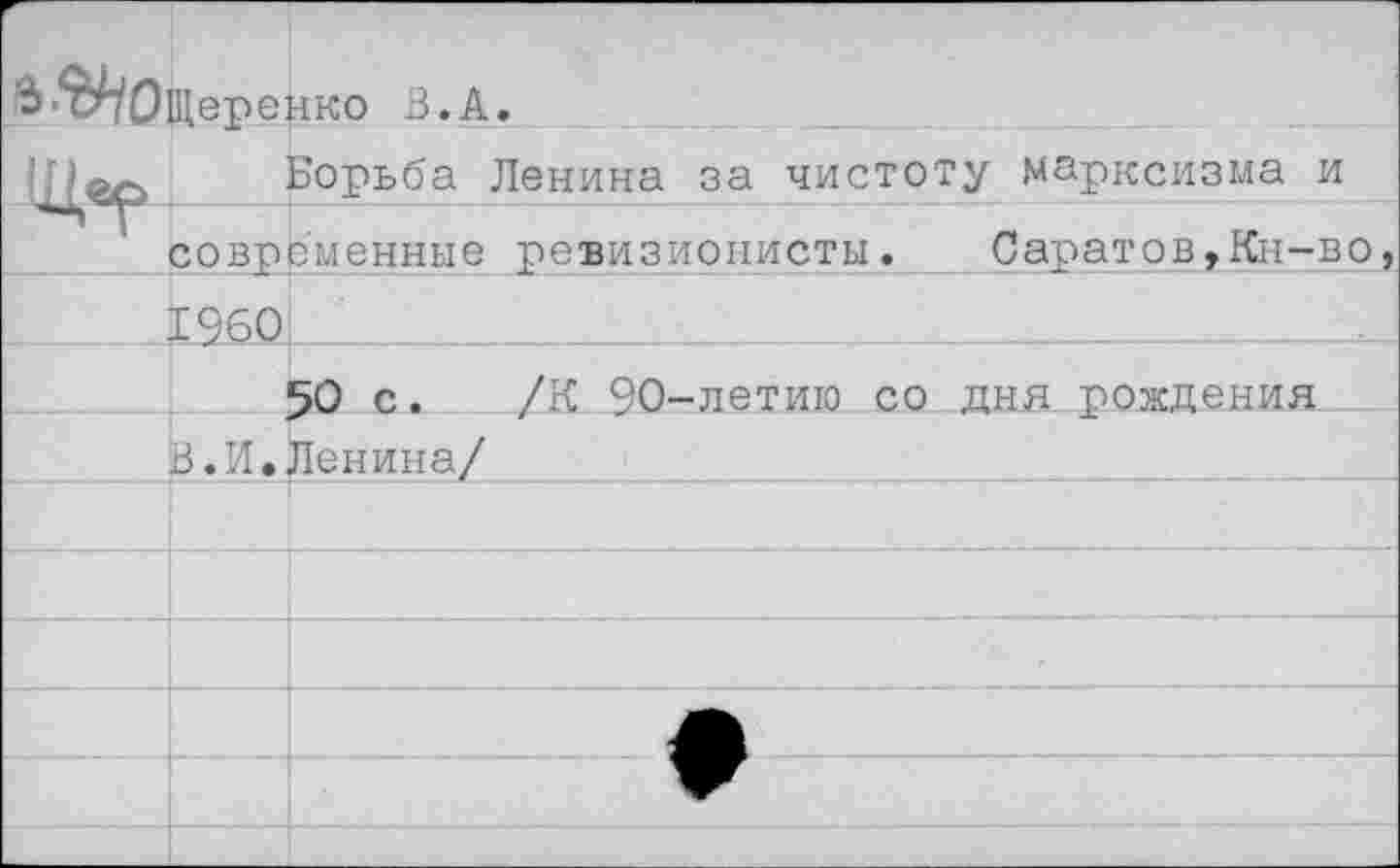 ﻿^•^Ощеренко В.А.		
!Д«р		Борьба Ленина за чистоту марксизма и
	современные ревизионисты. Саратов,Кн-во,	
	1960	
		50 с. /К 90-летию со дня рождения
	В.И.	Пенина/
		
		
		
		
		
		